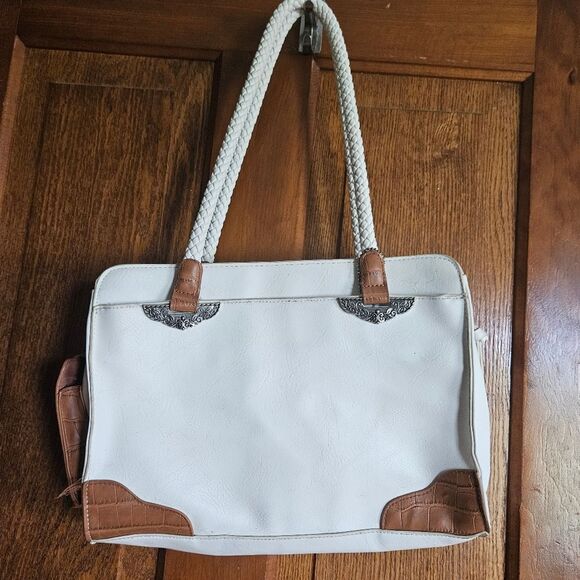 Bueno White Cognac Faux Leather Shoulder Purse Bag Key Cell Pockets Country Chic - Picture 3 of 15